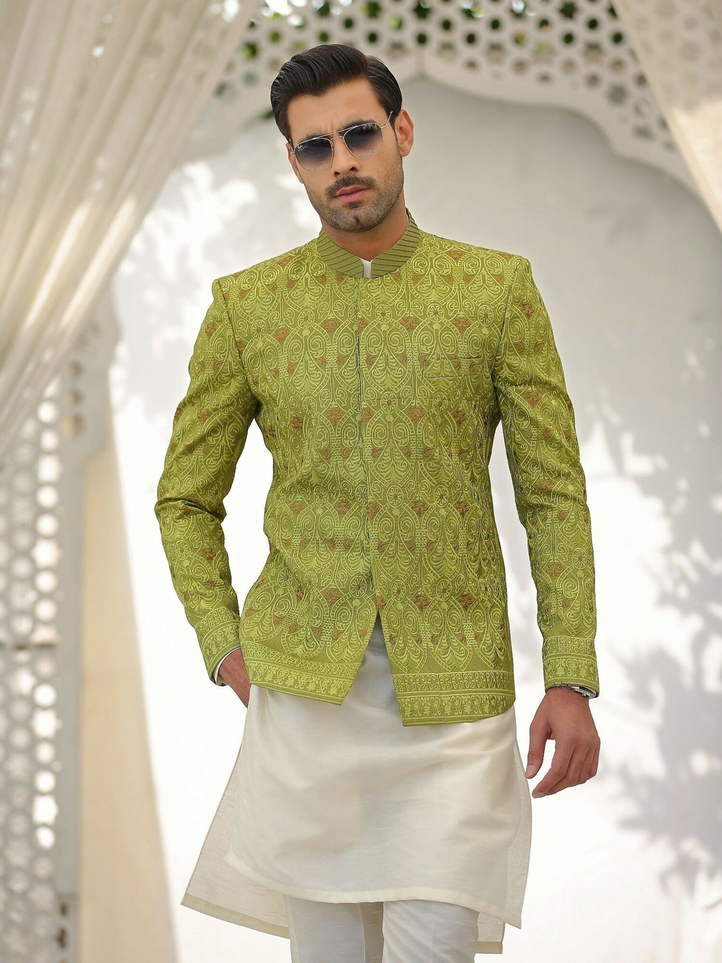 Gem Garments Afsanah Raw Silk Embroidered Prince Coat-Khadim