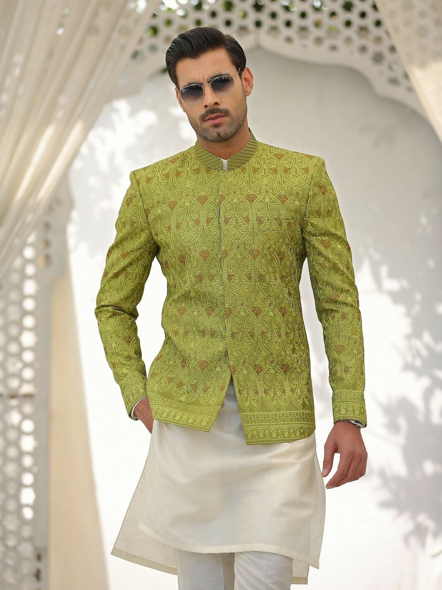 Gem Garments Afsanah Raw Silk Embroidered Prince Coat-Khadim