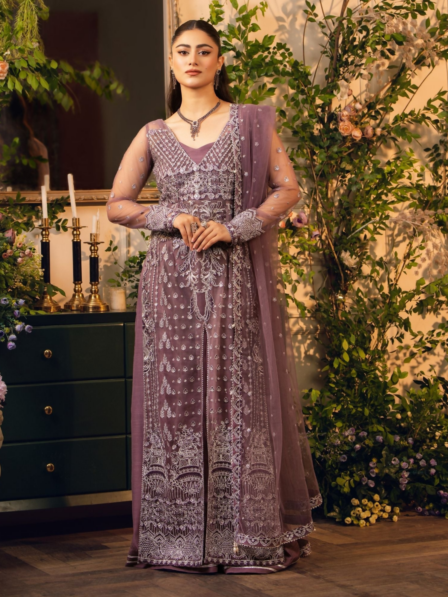 Hemstitch Net Embroidered Stitched 3-Piece Suit-Moonlight