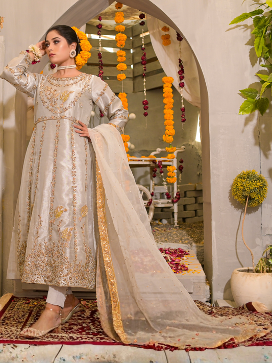 Ruby's Couture Poshak Plain Tissue Embellished Stitched 3-Piece Suit-Deewani