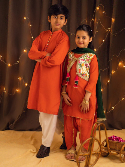 Kidoz Kloset Cotton Silk Embroidered Stitched 4-Piece Suit-Tangy Orange - Dhoti / Tulip Pant Set