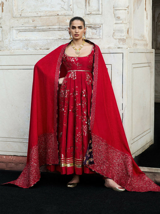 Hussain Rehar Festive Pret’25 red Korean raw silk pishwas with churidar and embroidered shawl, stitched 3-piece suit.