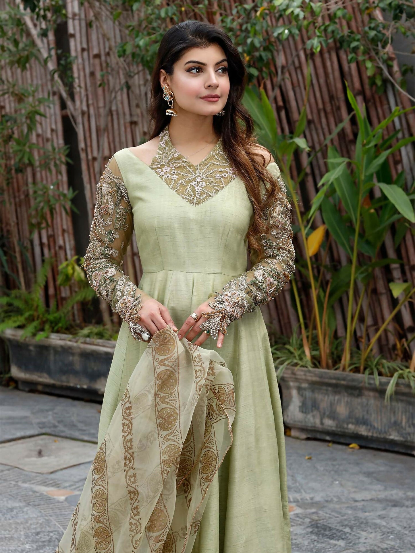 Shiza Hassan Nadia Luxury Pret Korean Raw Silk Embellished Pishwas-Mint Luminance