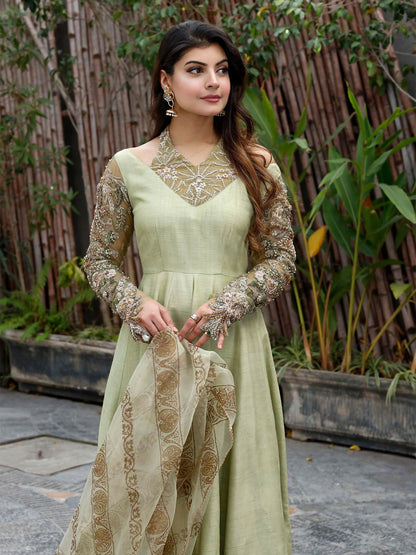 Shiza Hassan Nadia Luxury Pret Korean Raw Silk Embellished Pishwas-Mint Luminance