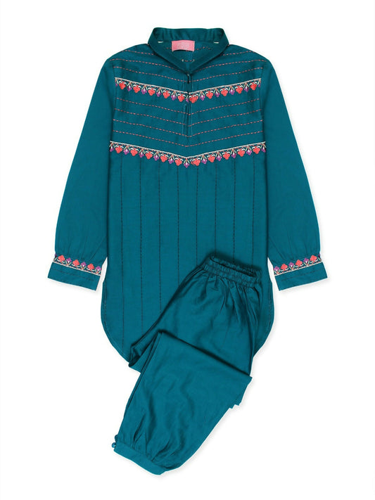 Velvour Girls Cotton Embroidered Stitched 2-Piece Suit-VG68-A
