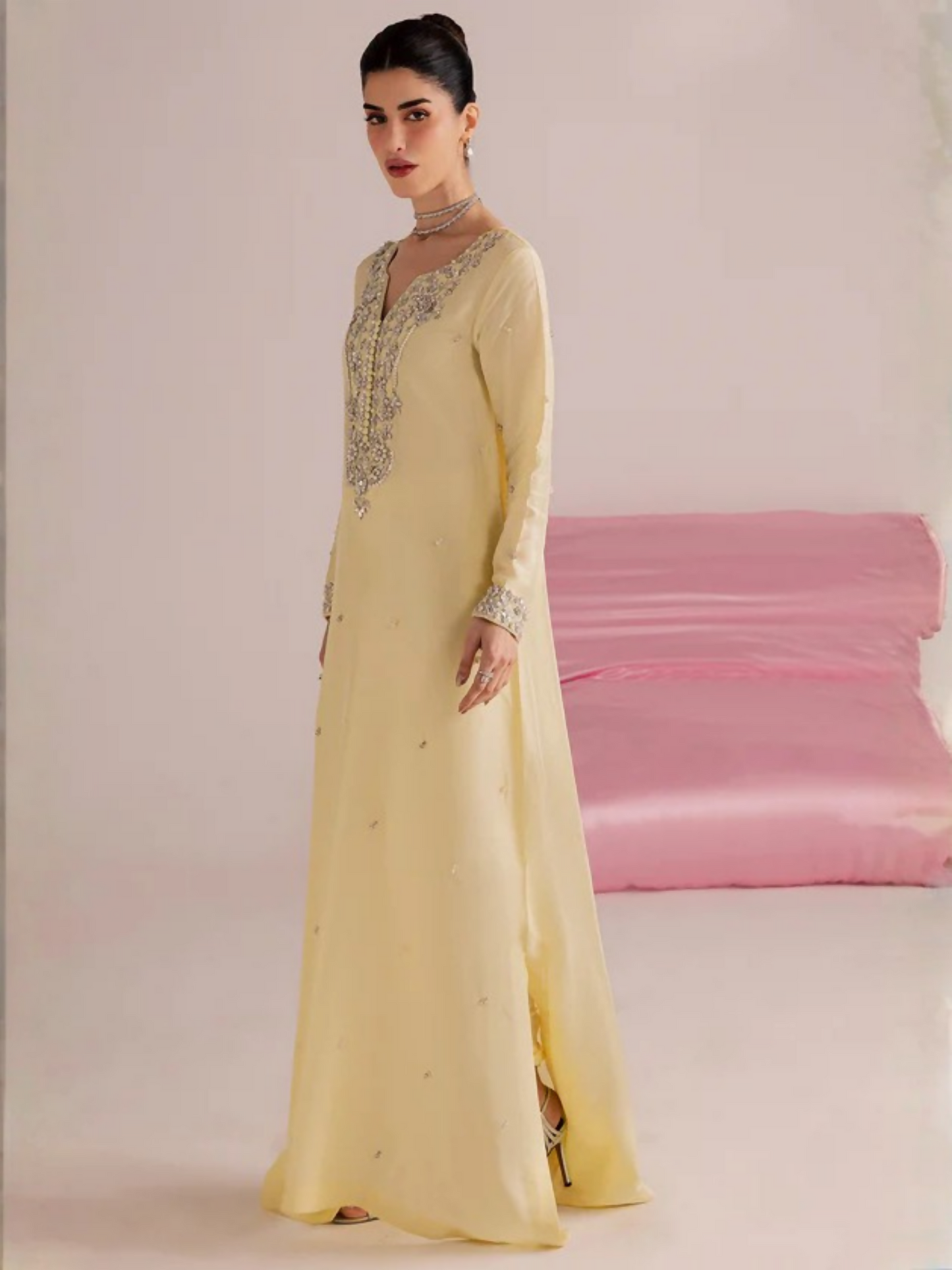Allure By IH Silver Night Tussel Silk Embroidered Kaftan Set-Lemonade