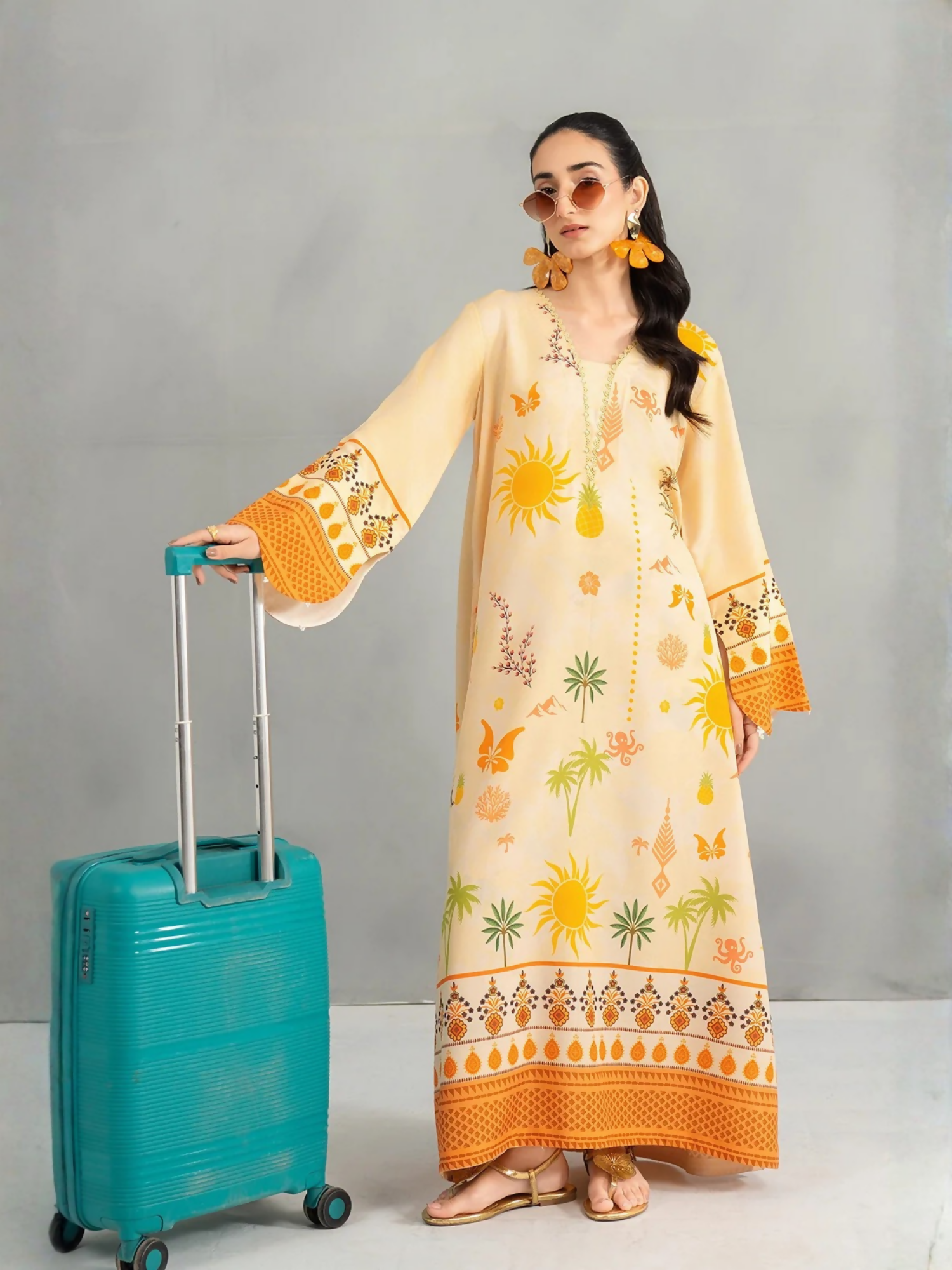 Panache Apparel Dear Summer Silk Lawn Printed Kaftan-Yellow Bloom
