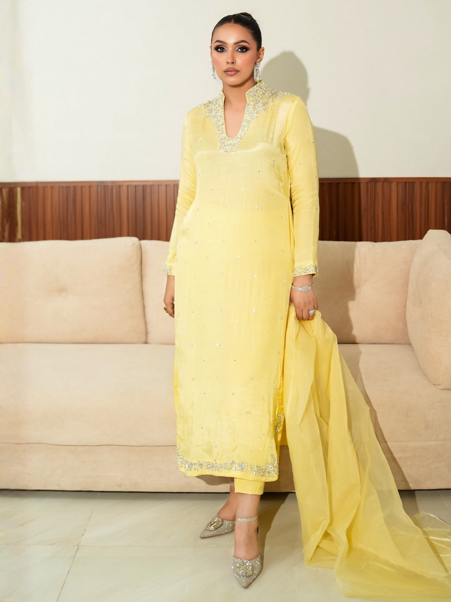 Allure By IH Fashion Calling Raw Silk Embellished Stitched 3-Piece Suit-Buttercup