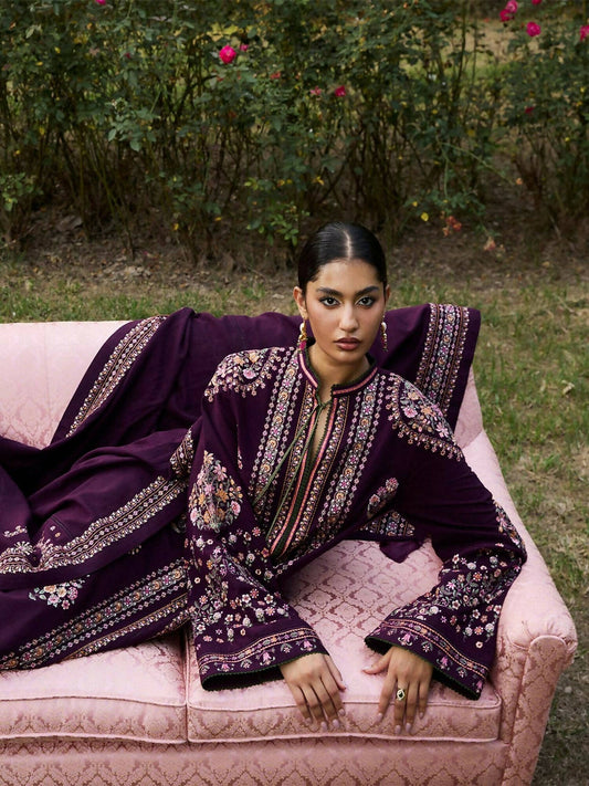 Jugnu By Hussain Rehar AW'25 Edit I Karandi Embroidered Stitched 2-Piece Suit-Lila