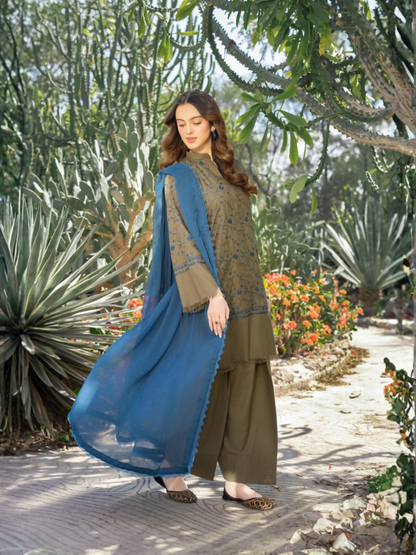 Panache Apparel Winter Whisper Linen Embroidered Stitched Suit-Mahnoor