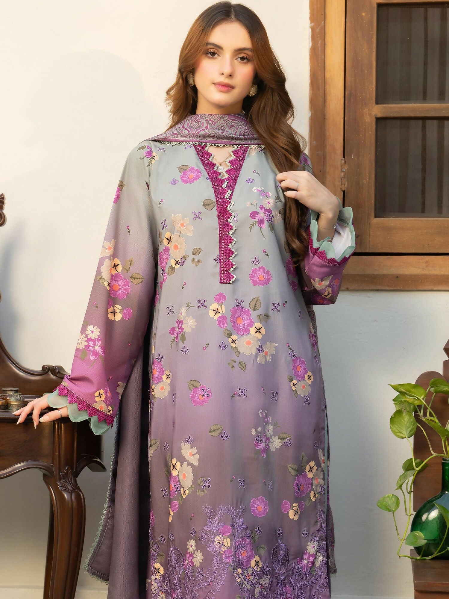 Panache Apparel Mah-e-Noor Khaddar Printed Stitched Suit-Lilac Mist