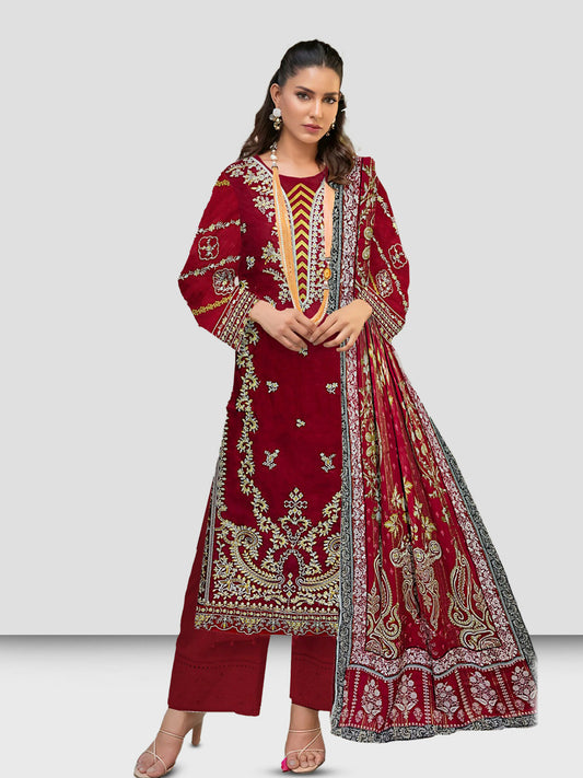 Embroidered shirt with matching plain trousers and a voile dupatta featuring intricate detailing and formal elegance.