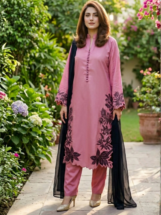 Duas Boutique Linen Embroidered Stitched 3-Piece Suit-Kashmiri Chai