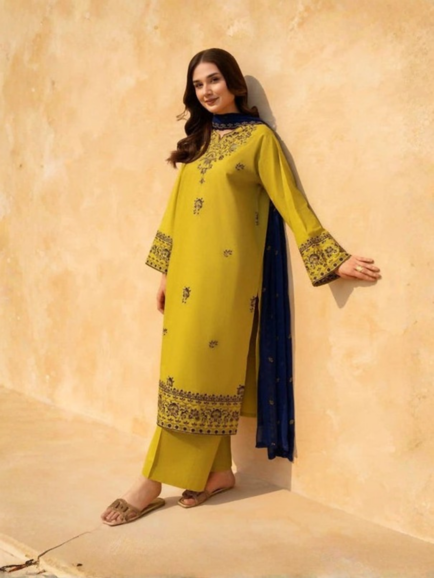 Tawakal Closet Cotton Embroidered Stitched 3-Piece Suit-Majestic Olive