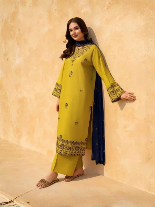 Tawakal Closet Cotton Embroidered Stitched 3-Piece Suit-Majestic Olive