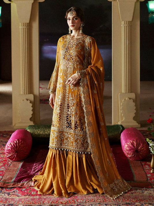Mahnur embroidered unstitched 3-piece organza suit with chiffon dupatta and raw silk trousers