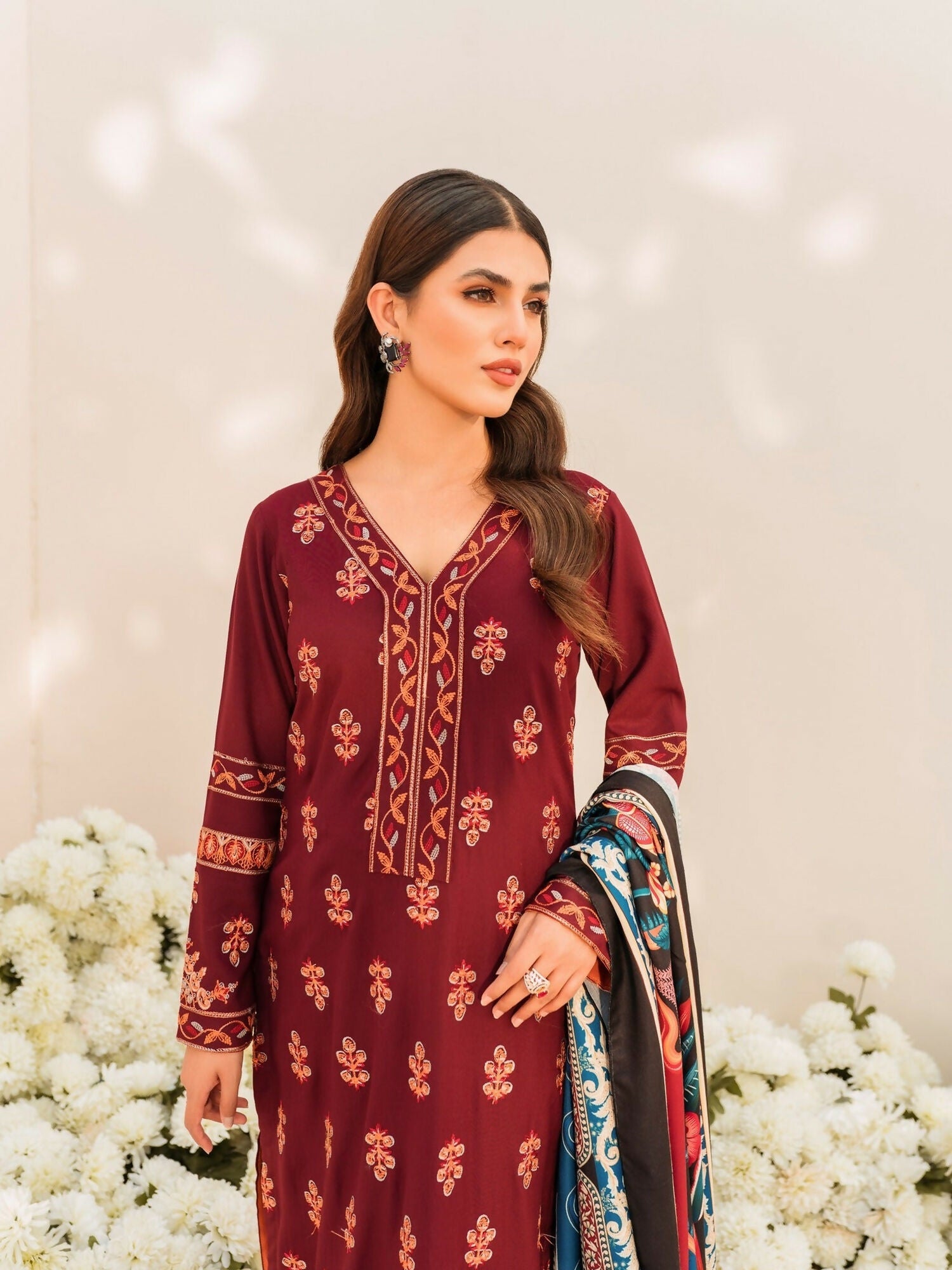 Panache Apparel Linen Embroidered Stitched Suit-Fluer