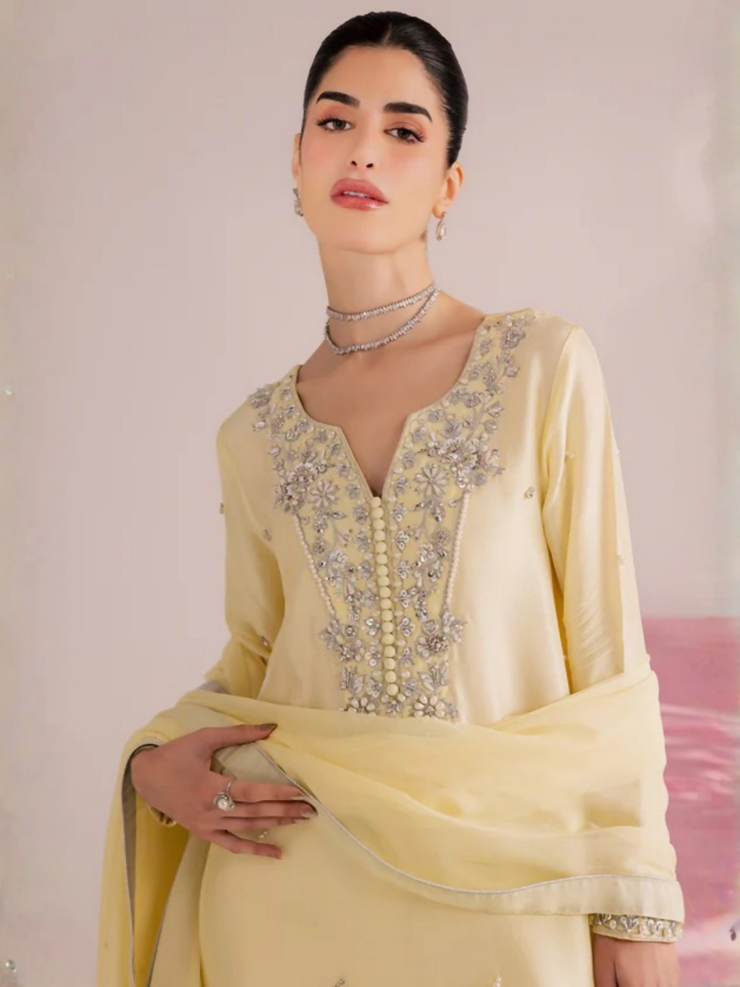 Allure By IH Silver Night Tussel Silk Embroidered Kaftan Set-Lemonade