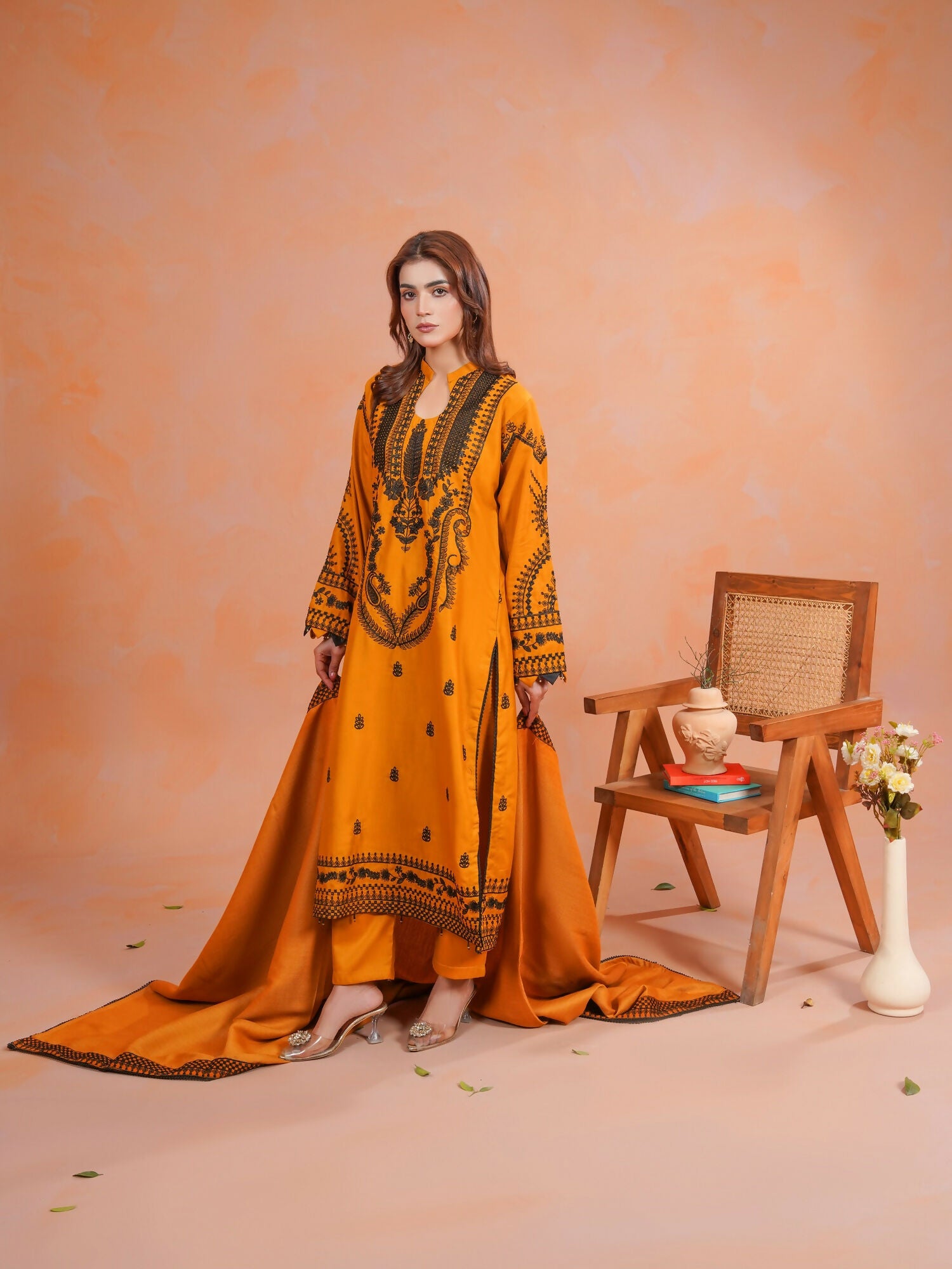 Tawakal Closet Dhanak Embroidered Stitched 3-Piece Suit-Zaitooni