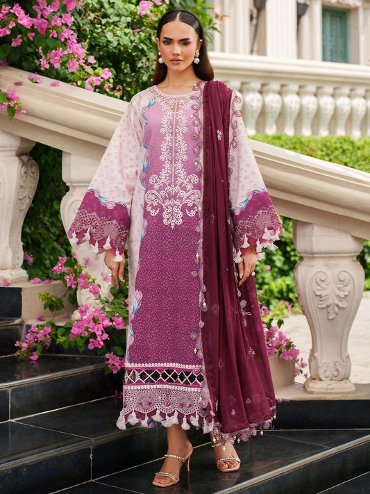 Parishay Ivy Bloom Winter unstitched 3-piece suit with embroidered neckline, front lace, sleeve lace, chiffon dupatta, and viscose trouser.
