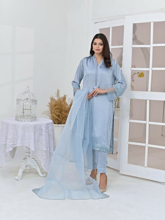 Ruby's Couture Chamak Dhamak Silk Embroidered Stitched 3-Piece Suit-Amal