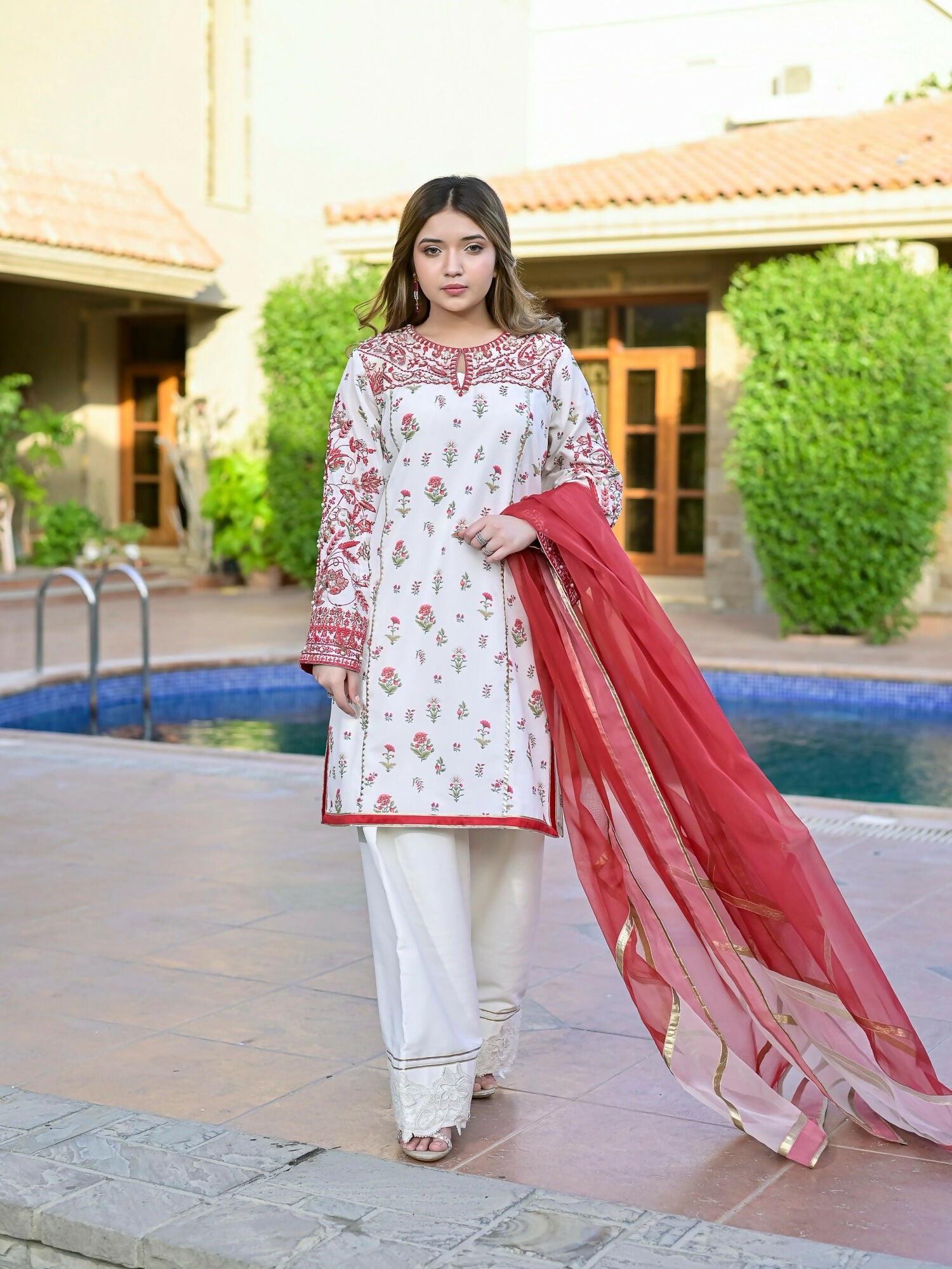 Farooq Hameed Studio Silk Embroidered Stitched 3-Piece Suit-Crimsal