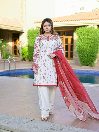 Farooq Hameed Studio Silk Embroidered Stitched 3-Piece Suit-Crimsal