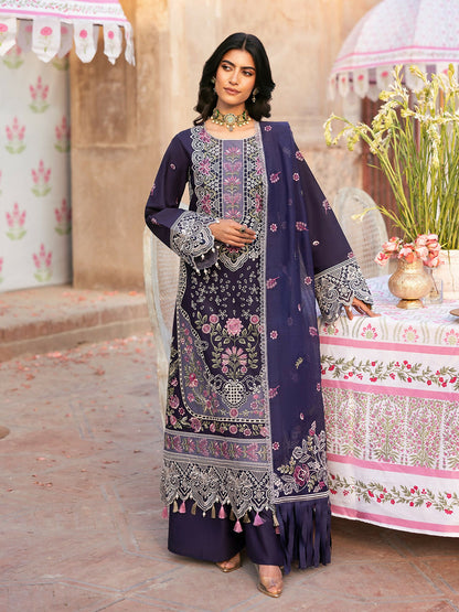 Stitched 3 piece lawn suit from Mahnur Husn e Jahan Collection with embroidered shirt, cotton net dupatta, and dyed trouser