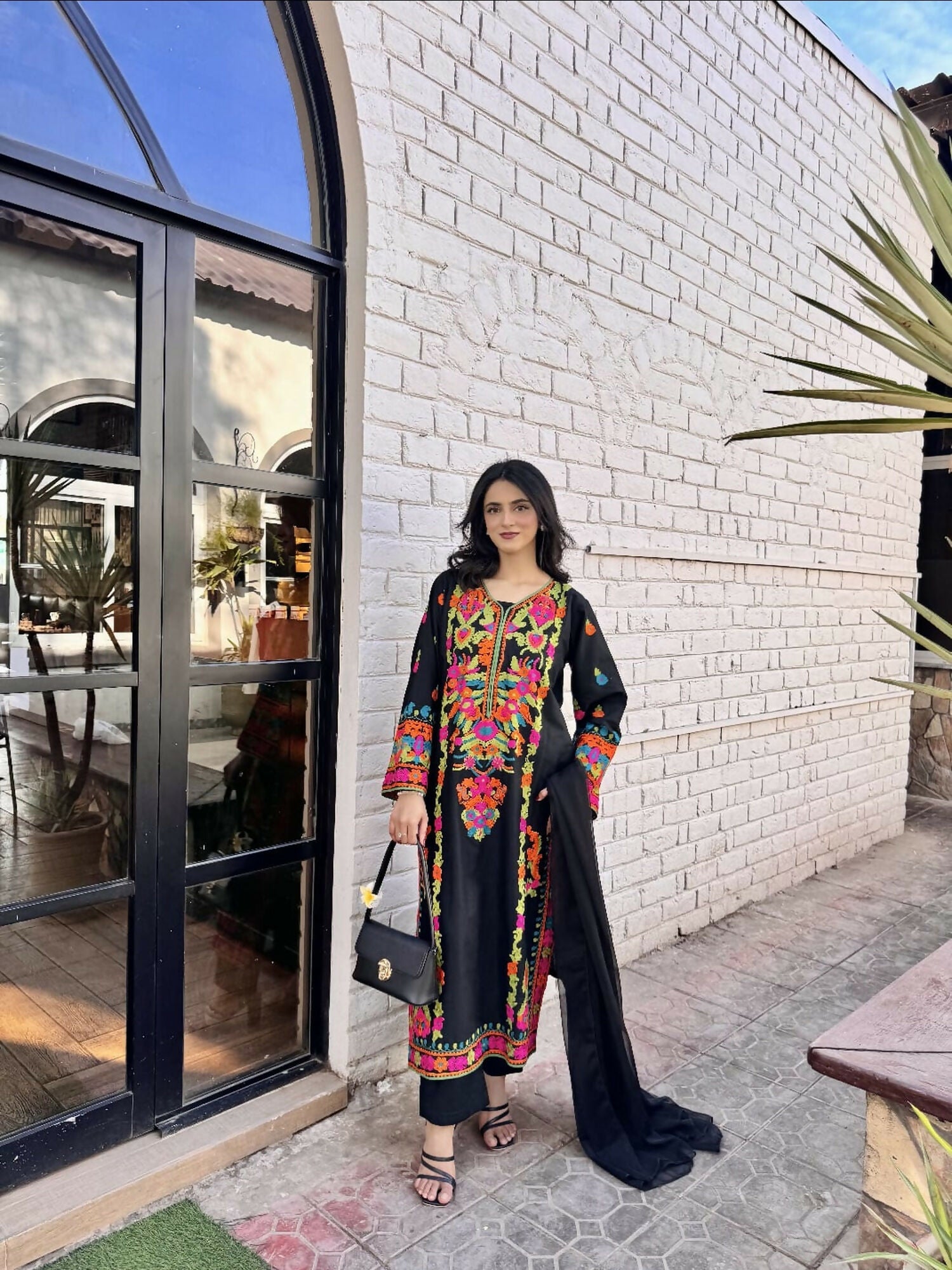 Tawakal Closet Linen Embroidered Stitched 3-Piece Suit-Multi Color Black