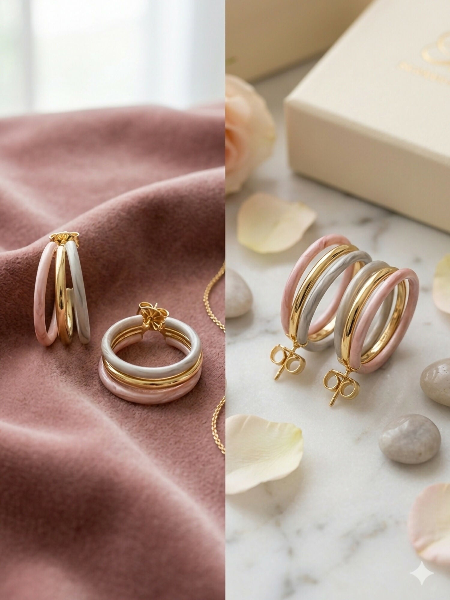 H&A Jewellery Handcrafted Triple-Tone Small Brass Hoop Earrings