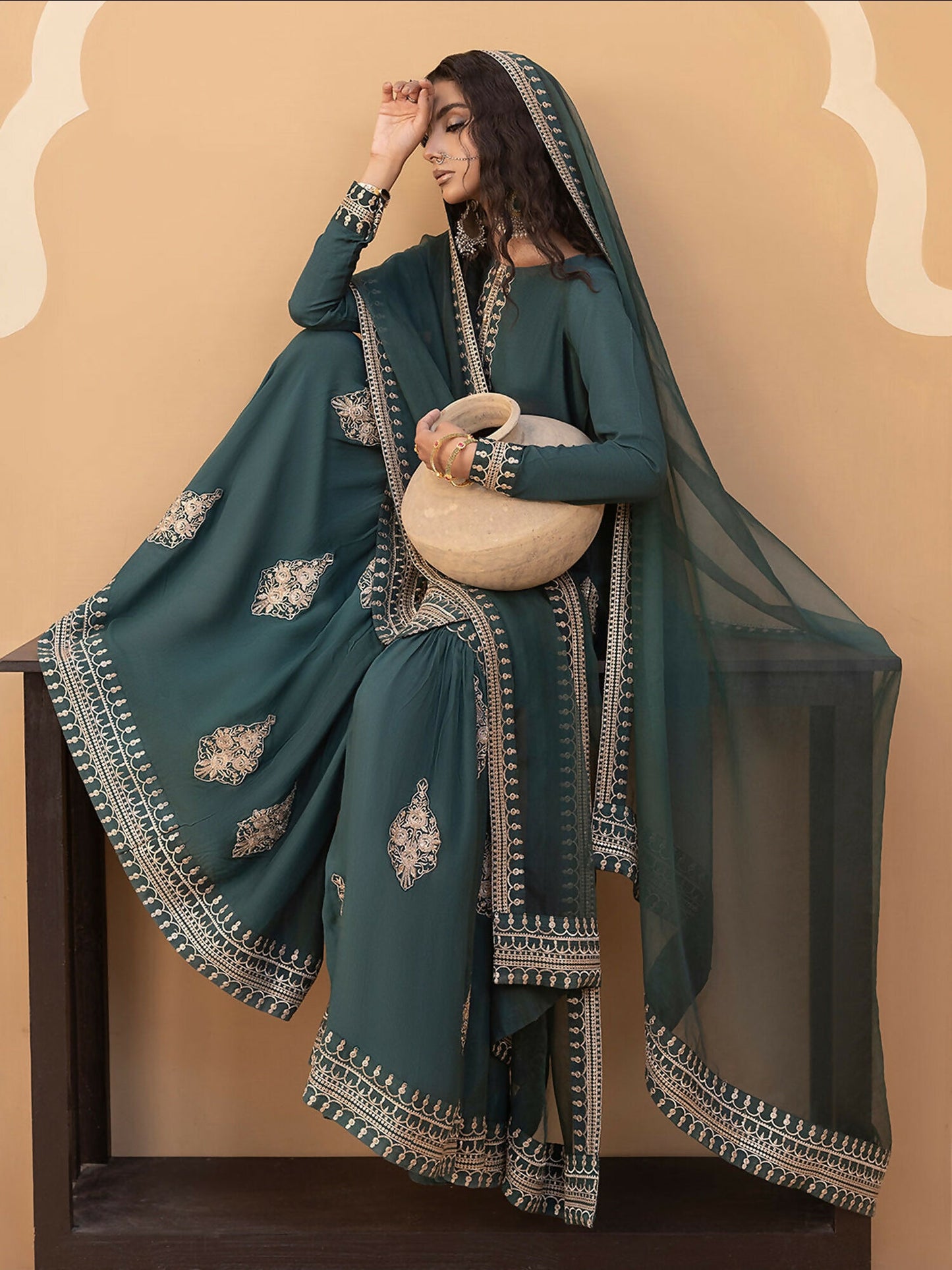 Hemstitch Raw Silk Embroidered Stitched Gharara-Jasmine