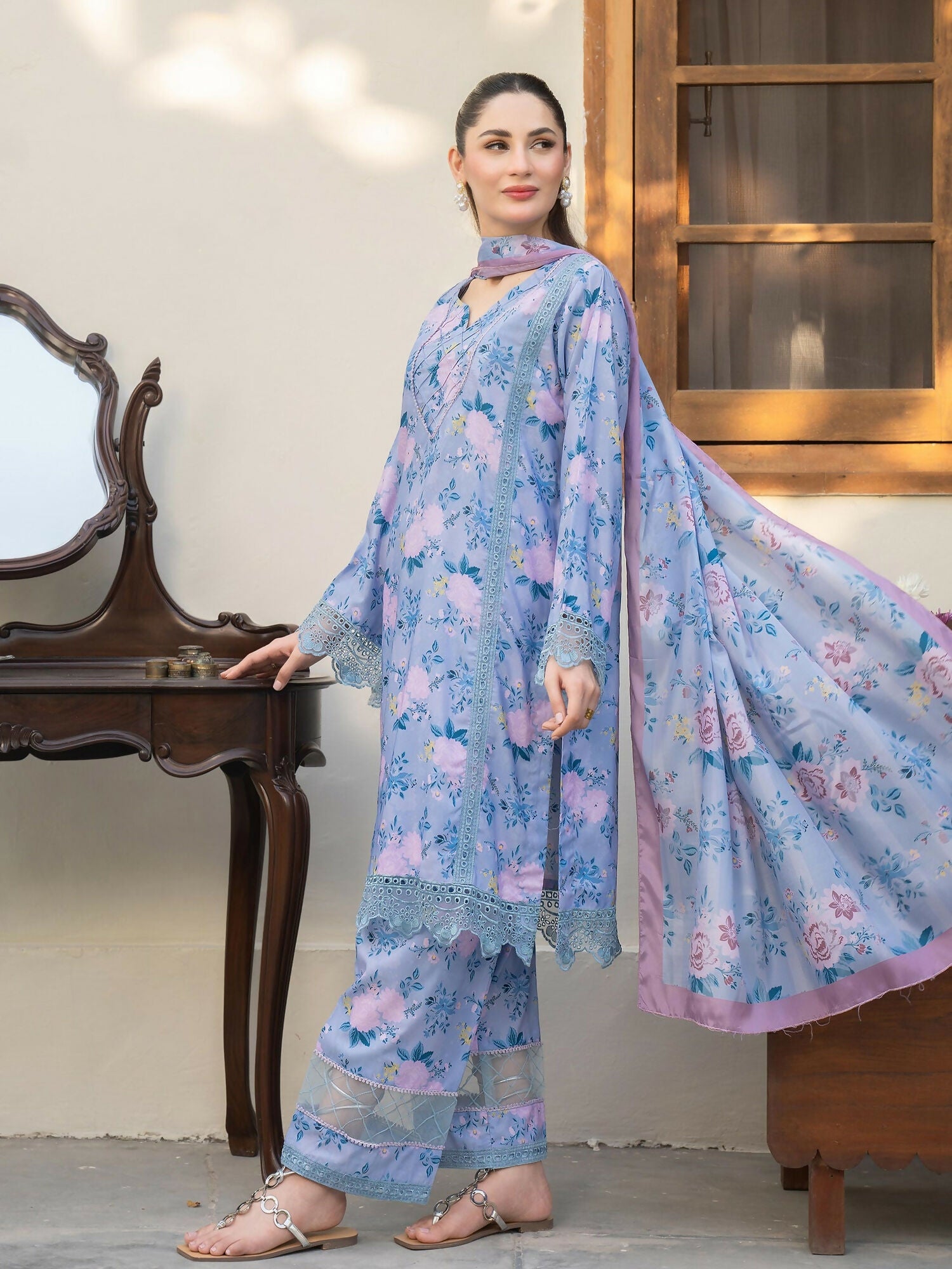 Panache Apparel Raw Silk Printed Stitched Suit-Aeris
