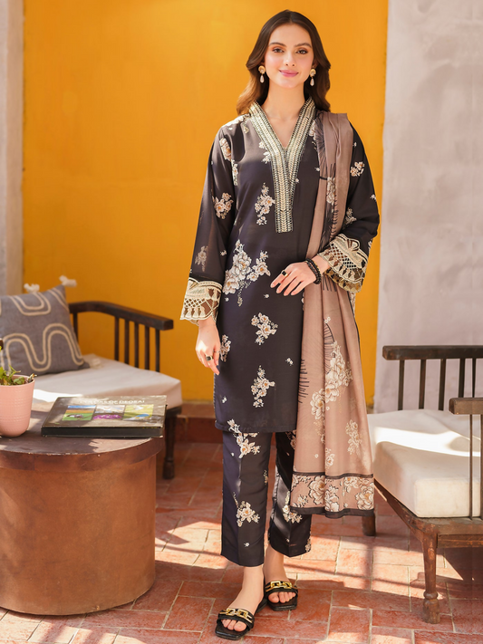 Panache Apparel Monochrome Tales Swiss Lawn Embroidered Stitched 3-Piece Suit-Midnight