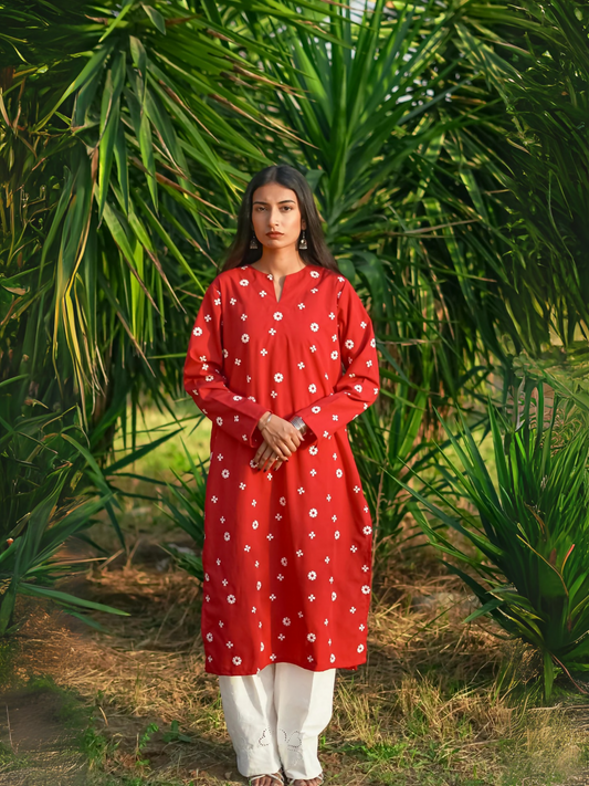Kachy Dhaagy AYRA red and white embroidered cotton 2-piece suit.