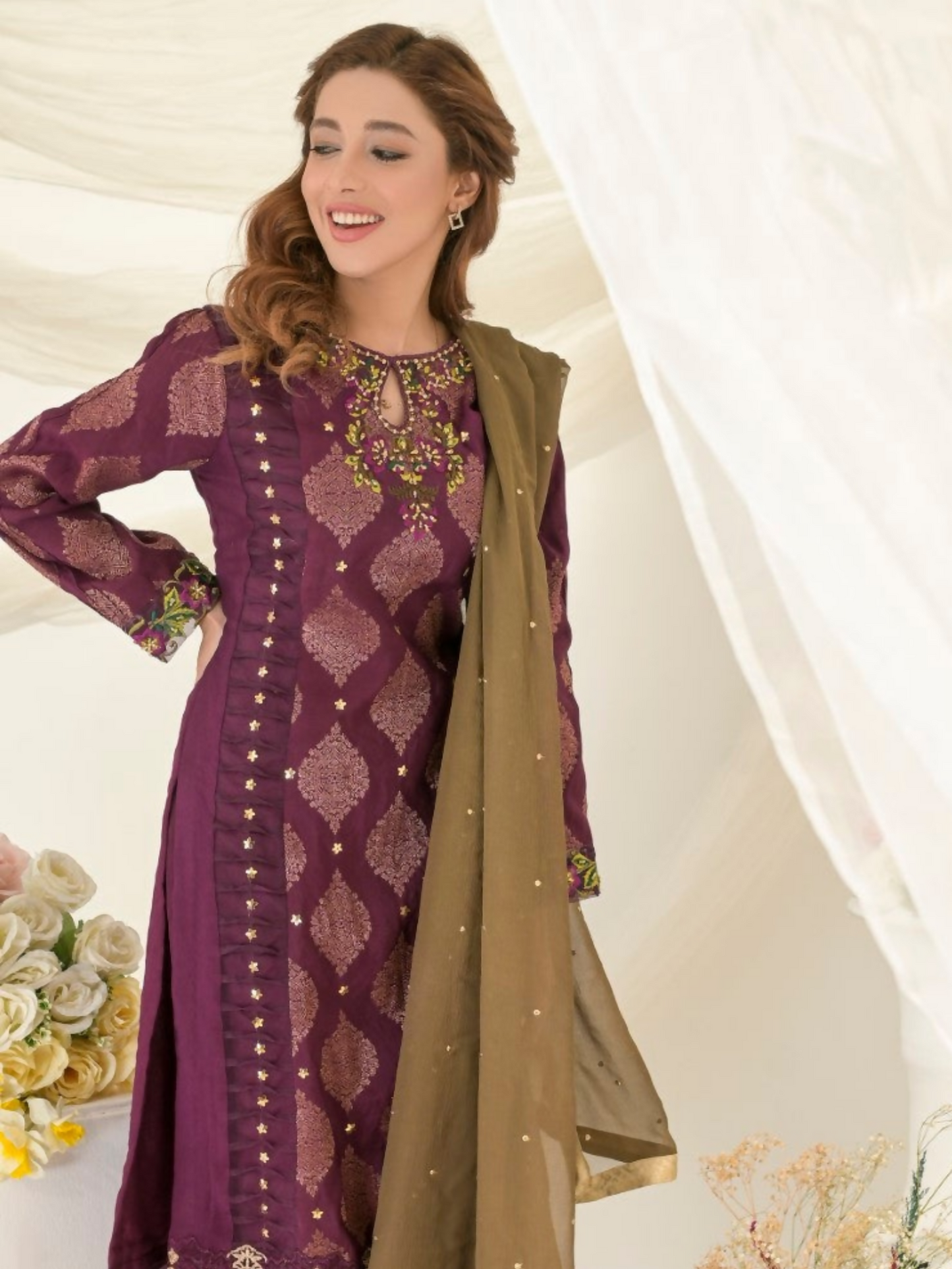 Ruby's Couture Gul-Bahar Khadi Embroidered Stitched 3-Piece Suit-Pariza