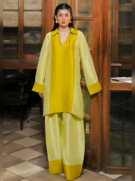 Lime Yellow Hussain Rehar PAY DAY VOL. IV Raw Silk Stitched 2-Peice-Ausmas