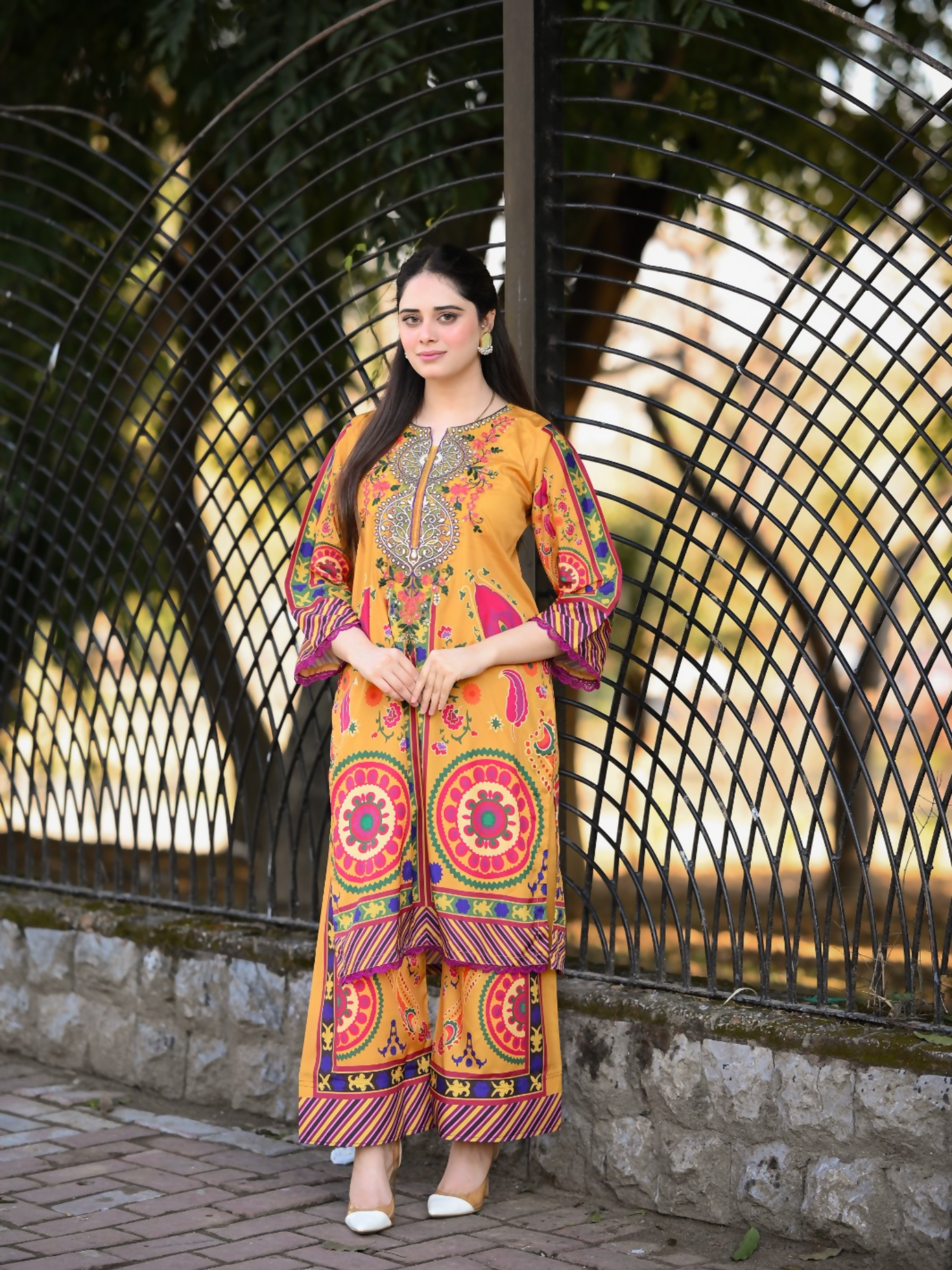 Tehzeeb Libas Poly Lawn Embroidered Co-Ord Set-Caramel