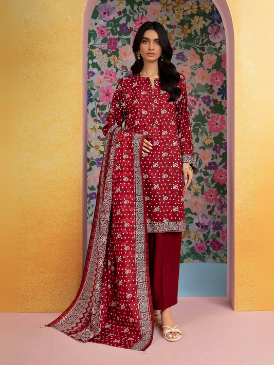 Nishat unstitched 3-piece chunri style viscose lawn suit with doriya viscose dupatta and viscose cambric trouser in red.