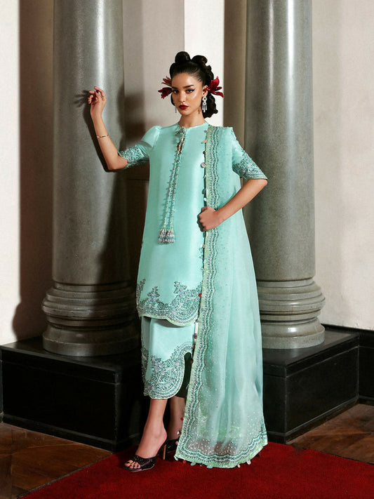 Hussain Rehar stitched 3-piece suit featuring mint blue raw silk embroidered shirt with silver embellishments and tassel detailing, organza dupatta with sequin accents and parrot green chanderi silk edging, and raw silk culottes with tonal embroidery.