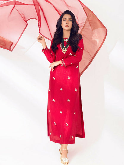 Allure By IH Raw Silk Embellished Stitched 3-Piece Suit-Rosa