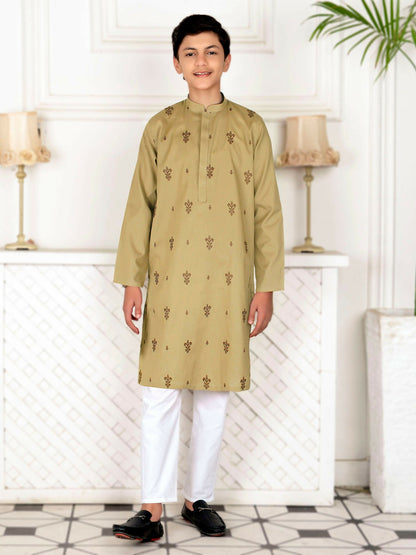 Embroidered cotton kurta with mandarin collar and full sleeves in a traditional ethnic design.