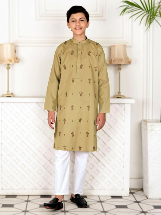 Embroidered cotton kurta with mandarin collar and full sleeves in a traditional ethnic design.
