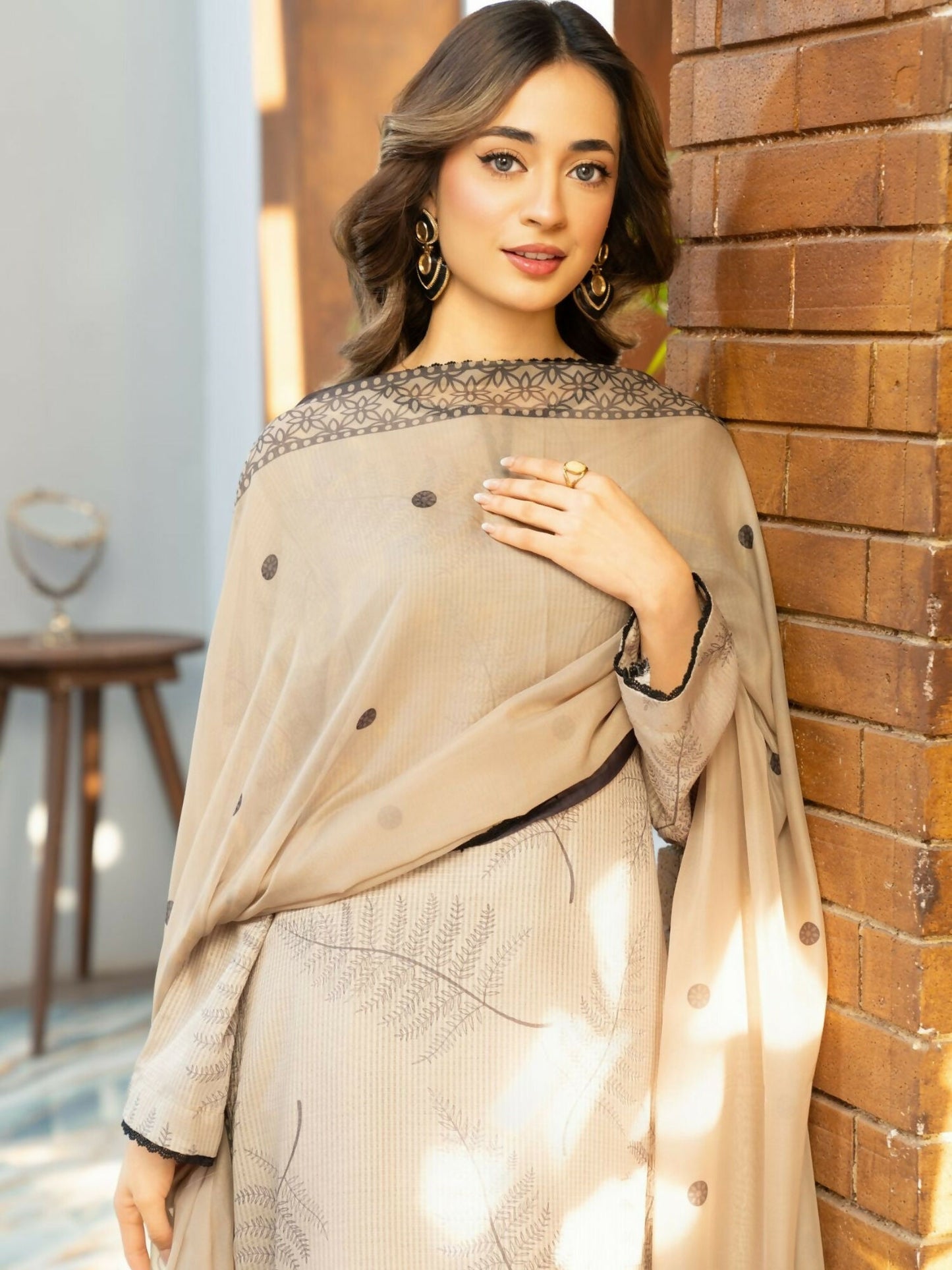 Panache Apparel Fiona SS'25 Dobby Lawn Printed Stitched Suit-Dune