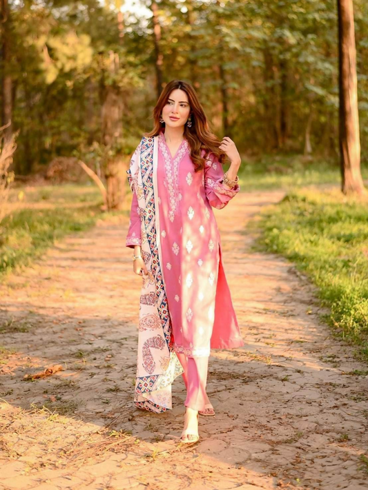 Panache Apparel Daily Essentials RTW Linen Embroidered Stitched Suit-Haven Nyla Raja