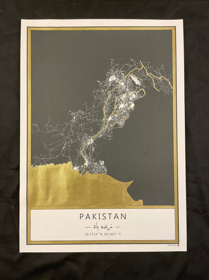 MappedPK Pakistan Gold Hand Painted Map