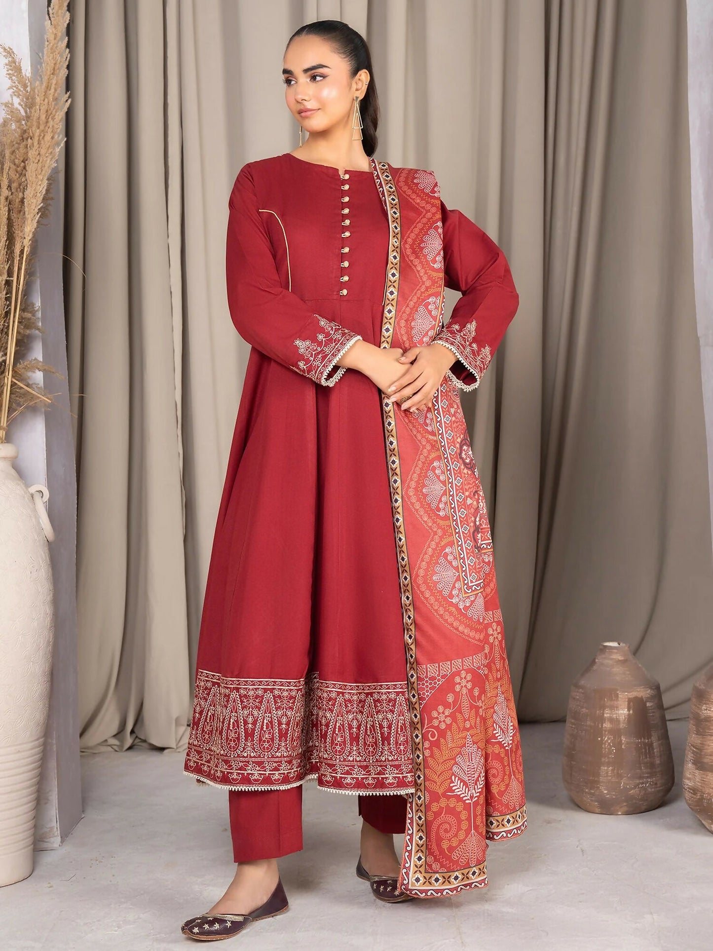 Panache Apparel Winter Basics Khaddar Embroidered Stitched 3-Piece Suit-Feathers