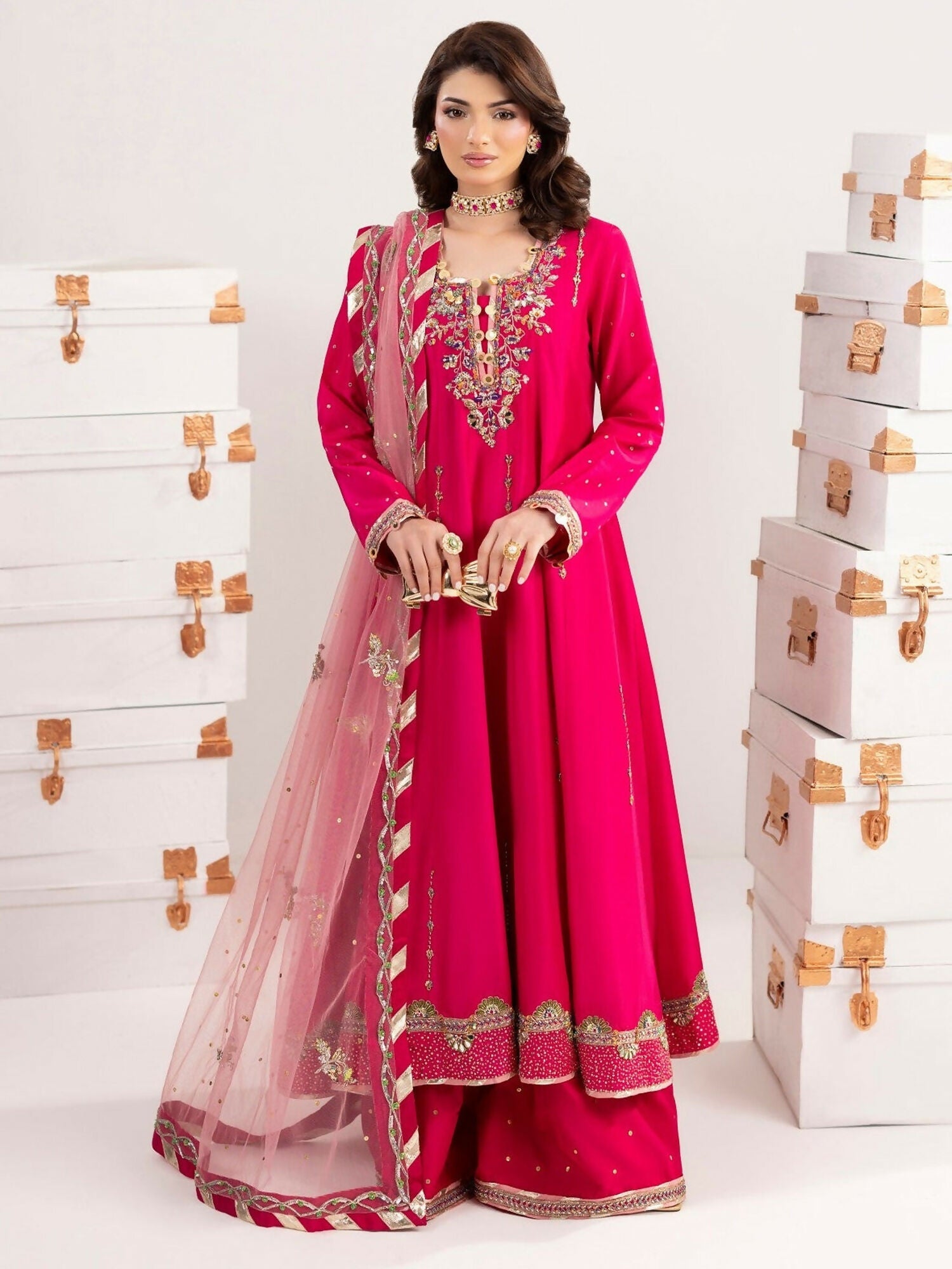 Shurooq Echoes In Bloom Silk Embellished Stitched 3-Piece Suit-Fuschia Flame