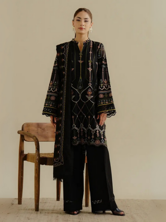 Unstitched 3-piece embroidered suit with embroidered lawn shirt, dyed cambric trouser, and embroidered paper cotton dupatta with pallu pieces.