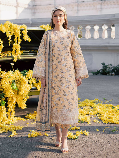 Unstitched 3-piece suit with printed embroidered lawn shirt, printed silk dupatta, and printed cambric trouser.