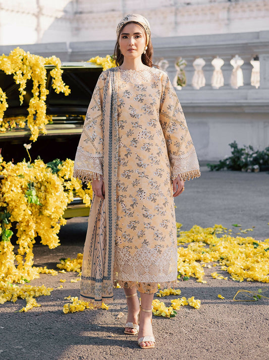 Unstitched 3-piece suit with printed embroidered lawn shirt, printed silk dupatta, and printed cambric trouser.